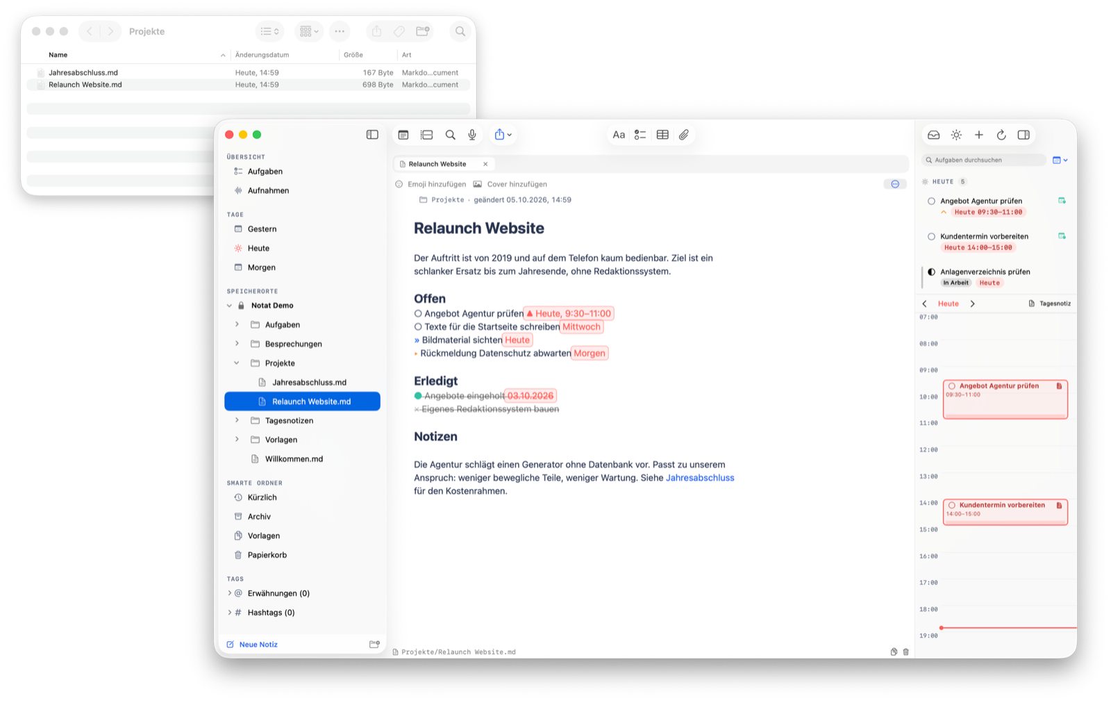 Notat mit der Notiz „Relaunch Website“, Aufgabenliste und Tagesplan; dahinter derselbe Ordner im Finder mit den Dateien Jahresabschluss.md und Relaunch Website.md.