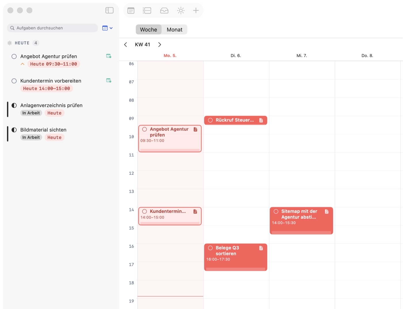 Planungsansicht: links die Heute-Liste mit vier Aufgaben, rechts die Woche mit fünf Zeitblöcken im Kalender.